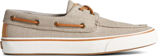 Tan boat shoe with leather laces and white sole.