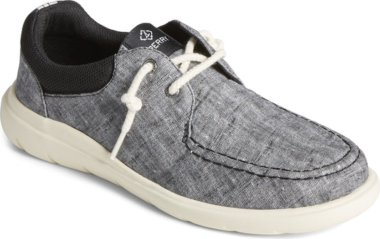 Gray canvas-like shoe with white laces and sole, and a black heel.