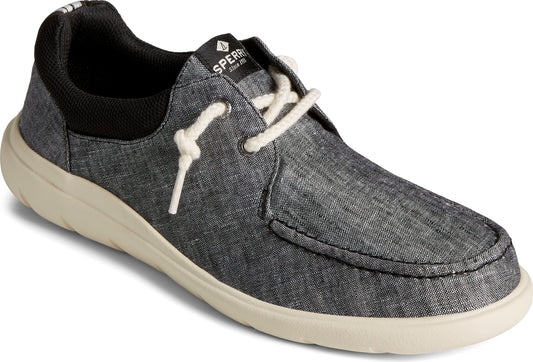 Heather gray casual shoe with white laces and sole, and black trim at the heel.