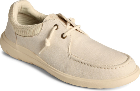 Beige loafer style shoe with lace up ties.