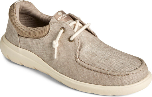 Beige boat shoe with white laces and tan trim.