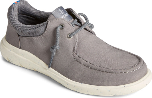 Low-top gray canvas shoe with white sole and matching laces.