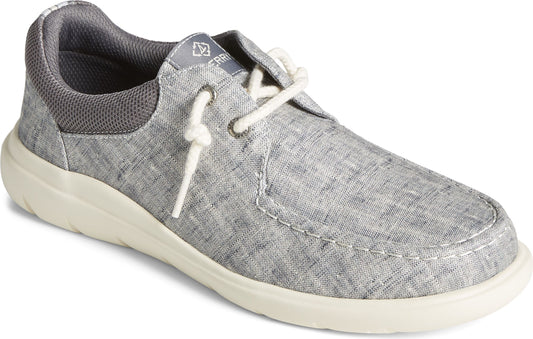 Gray linen-like shoe with white laces and sole.