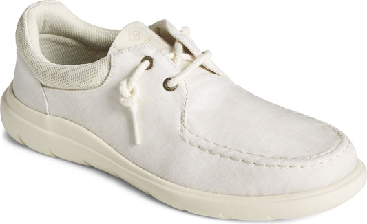Off-white boat shoe with white laces and a rubber sole.