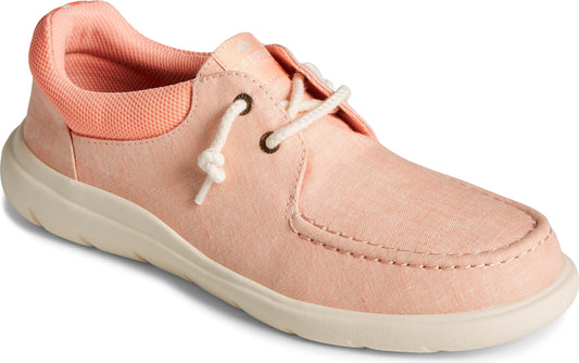 Peach-colored canvas-like shoe with off-white sole and laces.