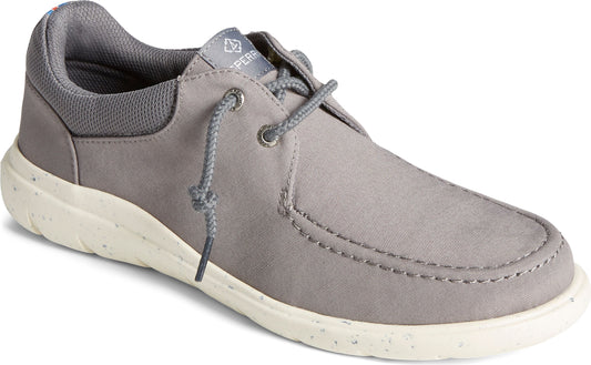 Gray boat shoe with textured white sole and gray laces.