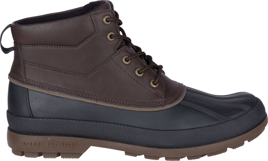Brown and black high top duck boot with brown laces.