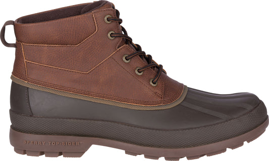 Brown duck boot with leather upper and lace-up closure.