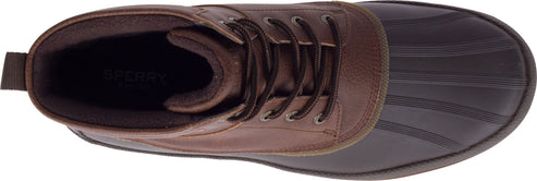 A brown laced boot with a waterproof toe.