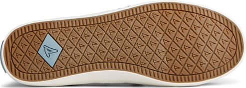 Close-up of a shoe's brown sole with a diamond-shaped pattern.