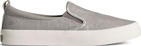 A gray slip-on sneaker with a white sole.