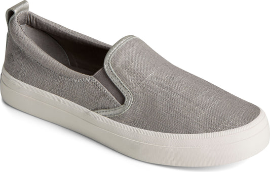 Slip-on casual gray canvas shoe with a white rubber sole.