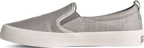 A side view of a gray slip-on shoe with a white sole.