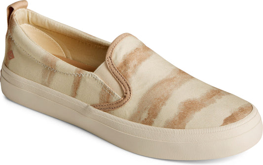 Slip-on shoe, off-white with tan stripes, with off-white sole.