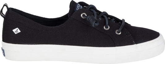 A black canvas sneaker with white sole and matching laces.