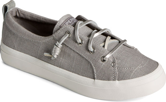 Gray canvas sneaker with knotted laces and a white rubber sole.