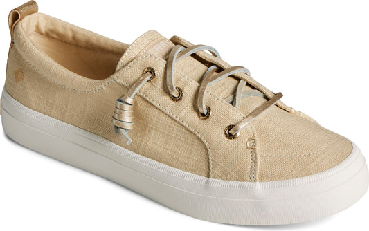 Beige casual sneaker with knotted laces and a white sole.