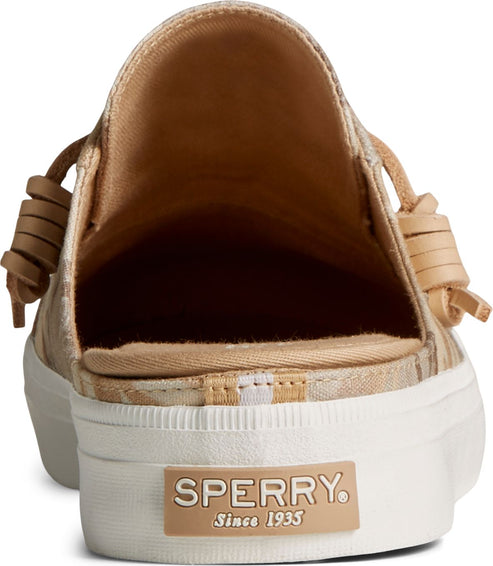 Back view of a striped beige mule with white platform sole featuring the label "SPERRY Since 1935".
