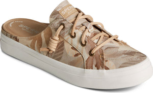 Slip-on sneaker with tan and brown leaf pattern, laces, and white sole.