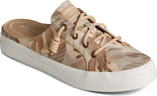 Slip-on sneaker with tan and brown leaf pattern, laces, and white sole.