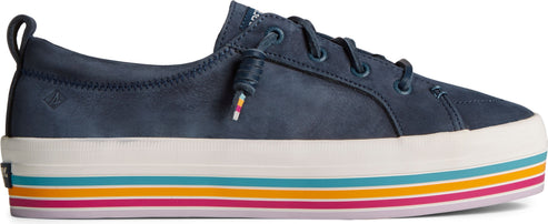 Low-top navy blue platform shoe with colorful stripes along the side.