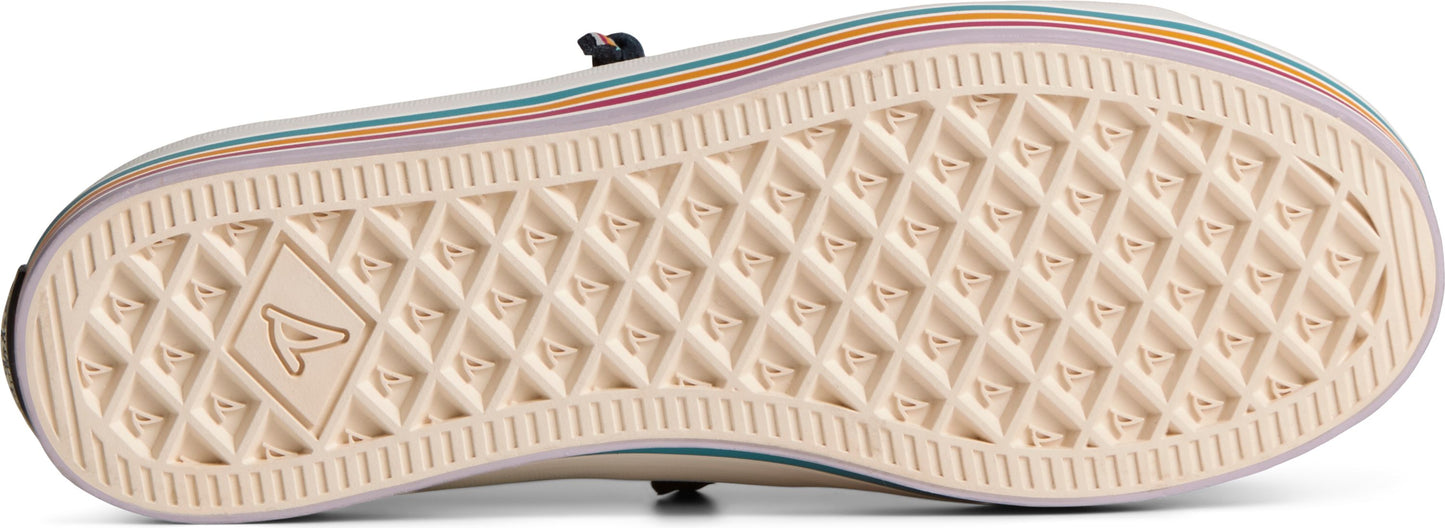 Close-up of a shoe sole with a diamond pattern.