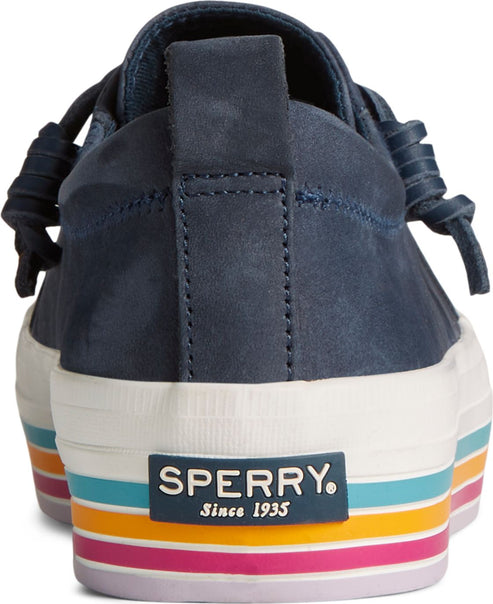 Close-up of a navy-blue sneaker with white platform heel decorated with pink, yellow, and blue stripes and the text “SPERRY. SINCE 1935”.