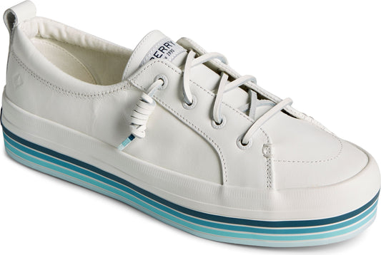 A white leather boat shoe with blue stripes on the sole and white laces.