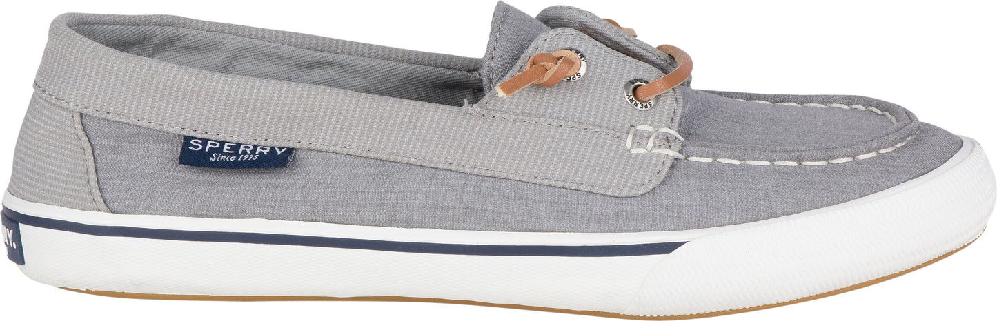 A gray Sperry boat shoe with white sole and brown laces.