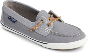 Gray canvas boat shoe with brown laces and white sole, showing the Sperry logo.