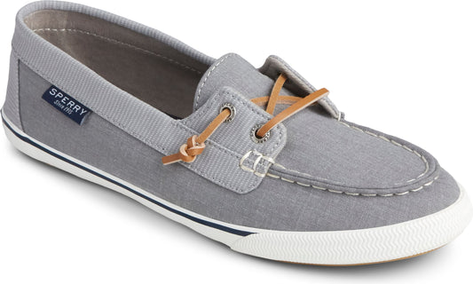 Gray canvas boat shoe with brown laces and white sole, showing the Sperry logo.
