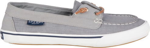 A gray boat shoe with white sole and brown laces.