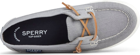 A grey boat shoe with brown leather laces.