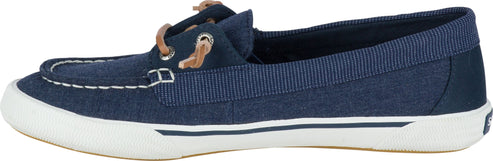 A side view of a blue boat shoe with white stitching and laces.