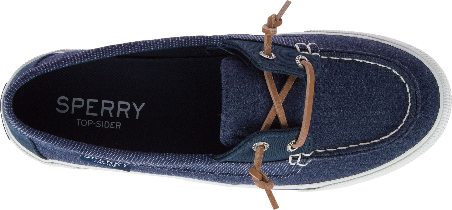 Blue boat shoe with brown laces and white sole showing Sperry logo.