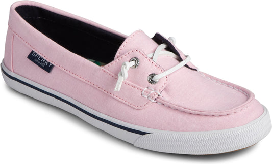 Pink boat shoe with white laces and soles, dark accent stripe.