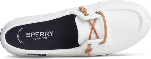 A white shoe with brown laces and a dark insole with the text "SPERRY TOP-SIDER".