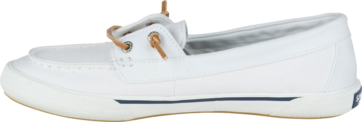A white boat shoe with brown laces.