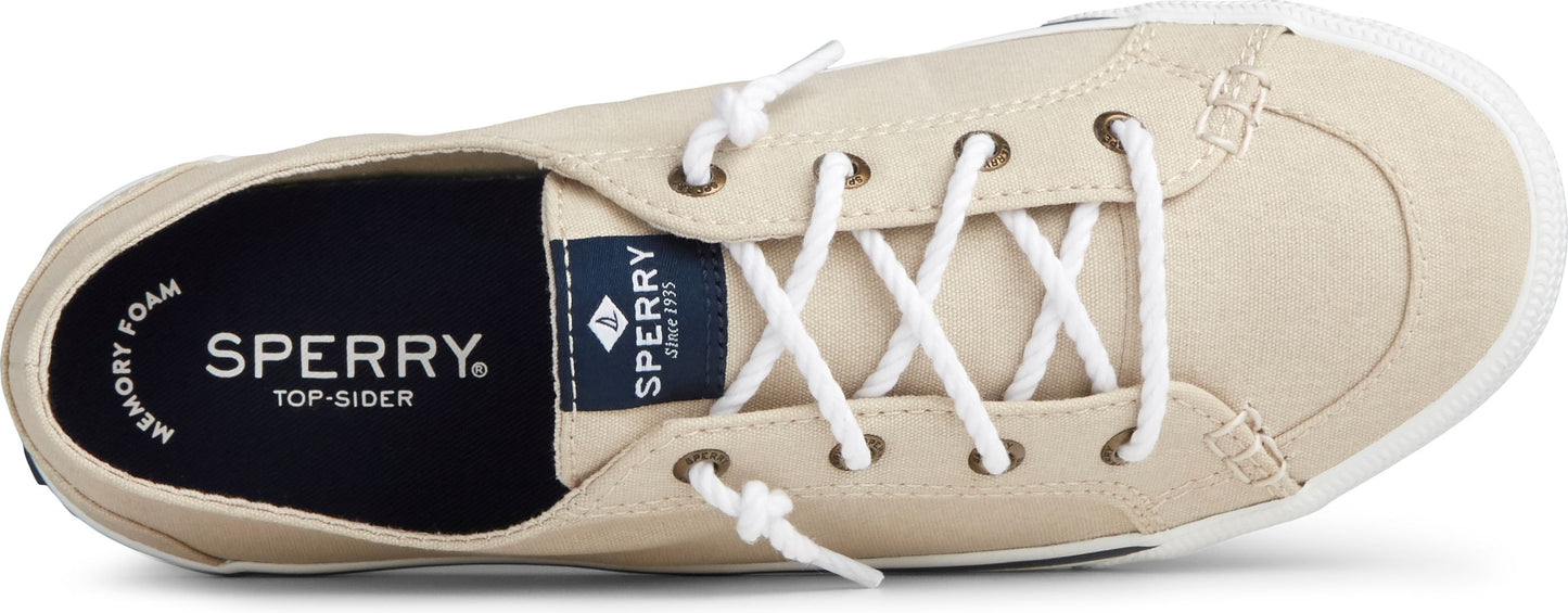 Beige canvas boat shoe with white laces and a white rubber sole. The insole is dark blue with the words SPERRY and TOP-SIDER in white.