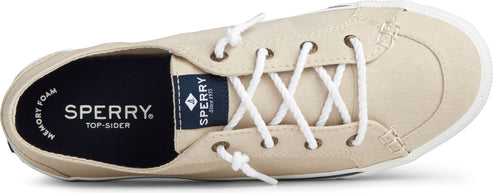 Beige canvas boat shoe with white laces and a white rubber sole. The insole is dark blue with the words SPERRY and TOP-SIDER in white.