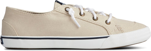 A pair of beige-colored casual sneakers with white laces and white soles.