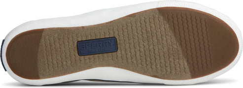 Bottom of a shoe with a textured, brown sole and blue brand label.