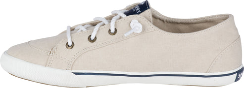 A tan-colored sneaker with white laces and a white sole.