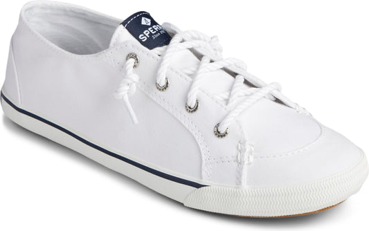 White leather low top sneaker with white laces and Sperry logo.