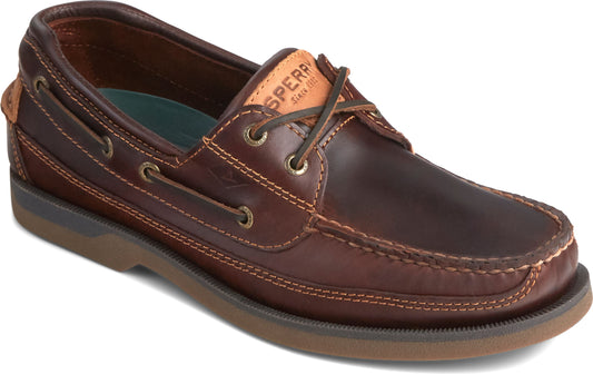 Brown leather boat shoe with laces.
