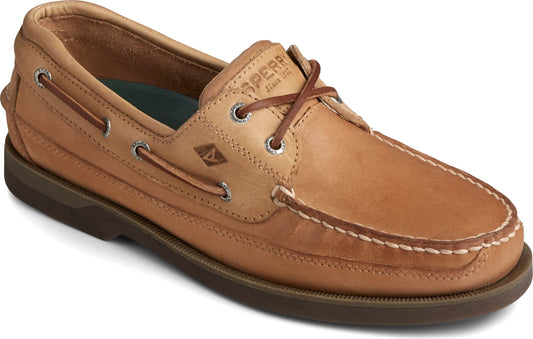 Leather boat shoe with moccasin toe, rawhide lacing, and dark sole.
