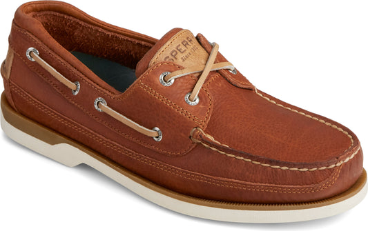 Leather boat shoe with white stitching and laces.