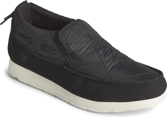 Slip-on black quilted upper shoe with non-slip rubber sole.