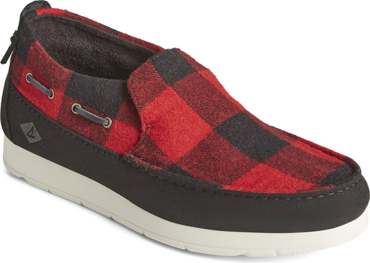 Red and black plaid slip-on shoe with black sole and white midsole.