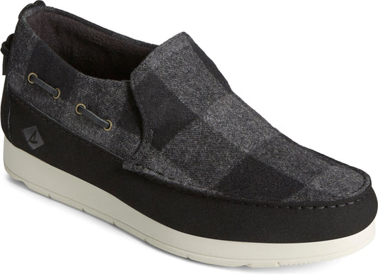 Gray and black buffalo plaid wool loafer-style shoe with dark trim and a white sole.